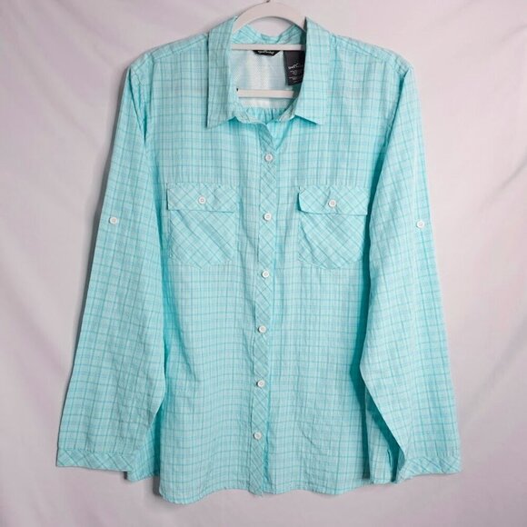 EDDIE BAUER Women's Button Up Down Shirt LIGHT GREEN PLAID size XXL Long Sleeve - Picture 2 of 5